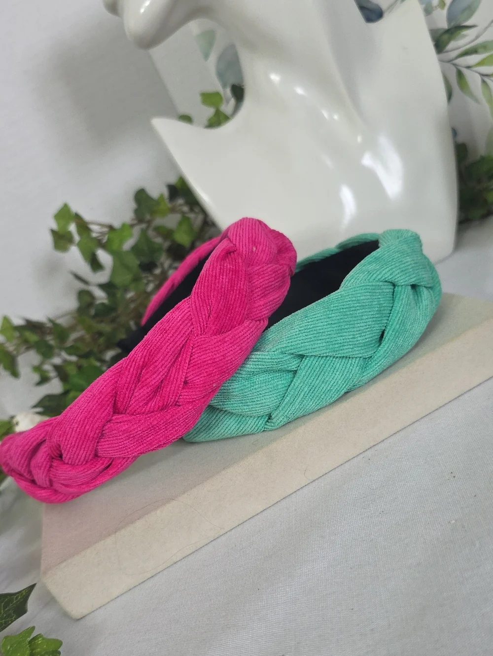 Berry Pink And Mint Green Corduroy Braided Headband Satin Lined Set Of Two